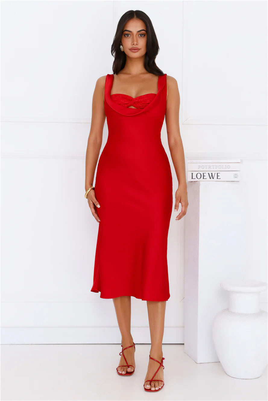 Flirtation Station Satin Midi Dress Red
