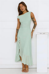 Effortless Girl Off Shoulder Mesh Midi Dress Sage
