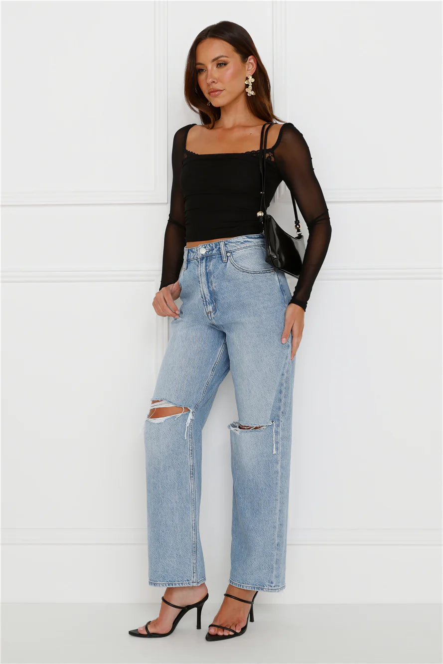 Decadent Style Mesh Long Sleeve Crop Top Black