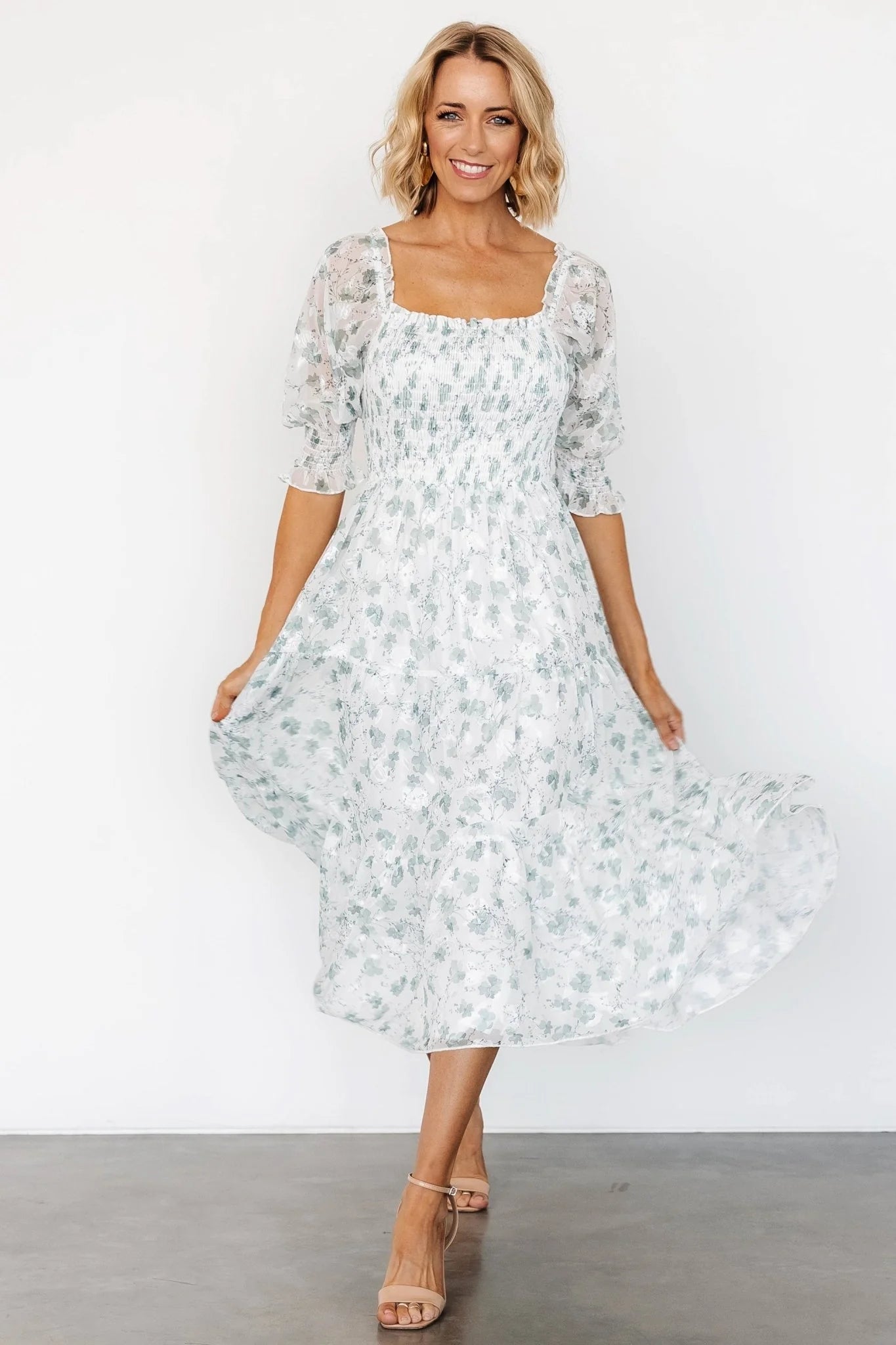 Fabian Jacquard Midi Dress | Off White + Sage Floral
