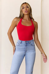 BASE Luxe Rib Simple Silhouette Halter Top Red