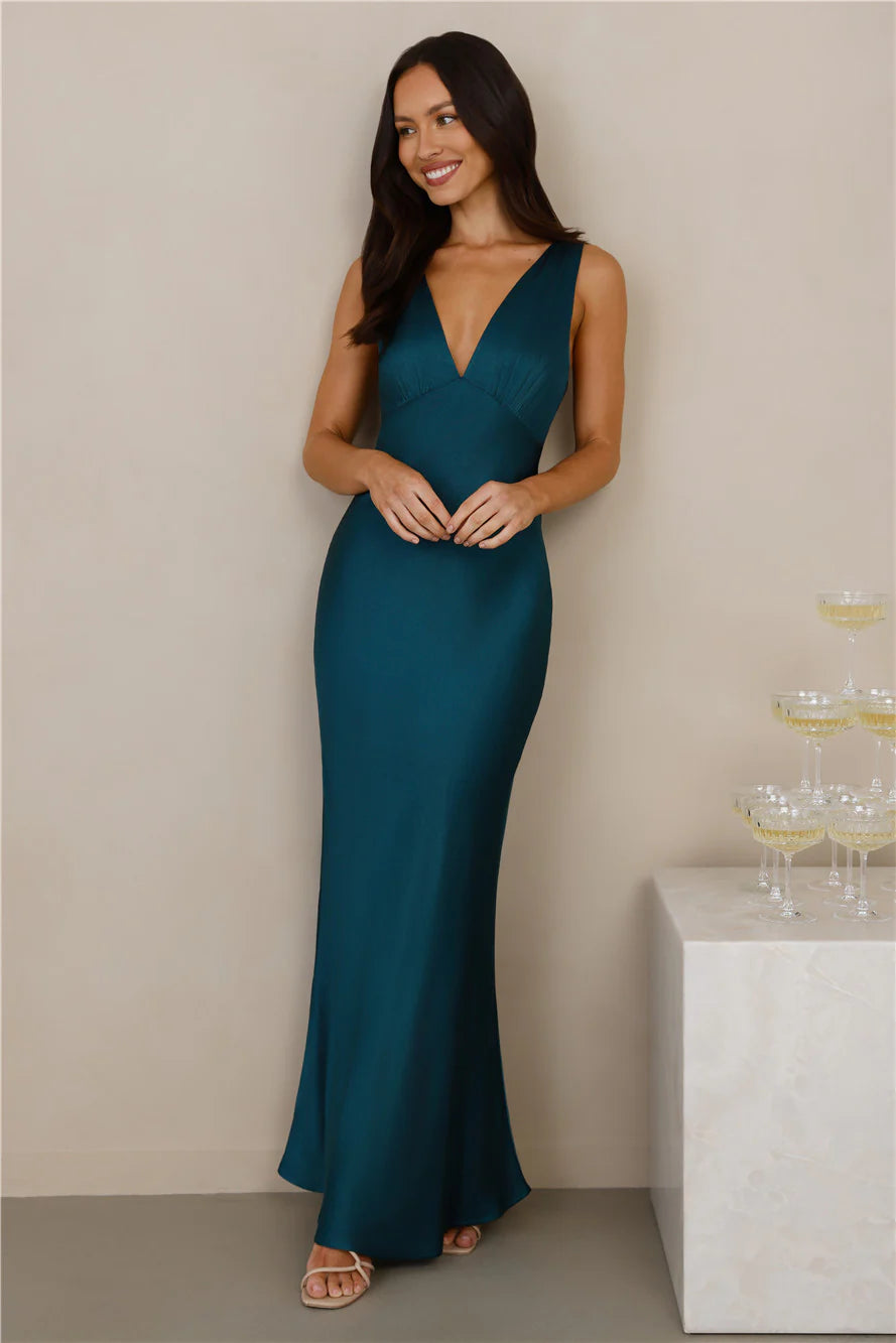 The Isabeau Satin Maxi Dress Teal