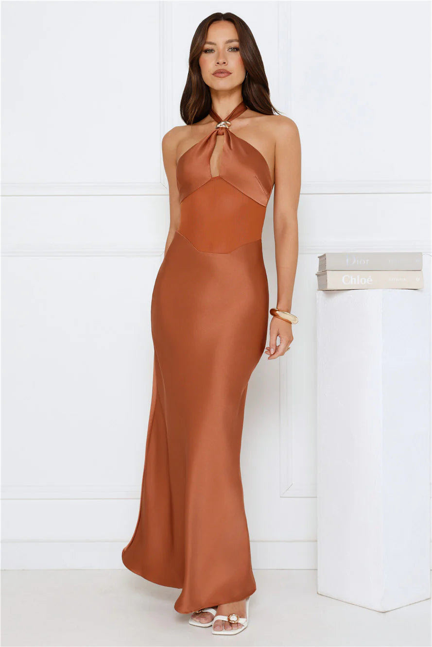 Formal Statement Halter Satin Maxi Dress Mocha