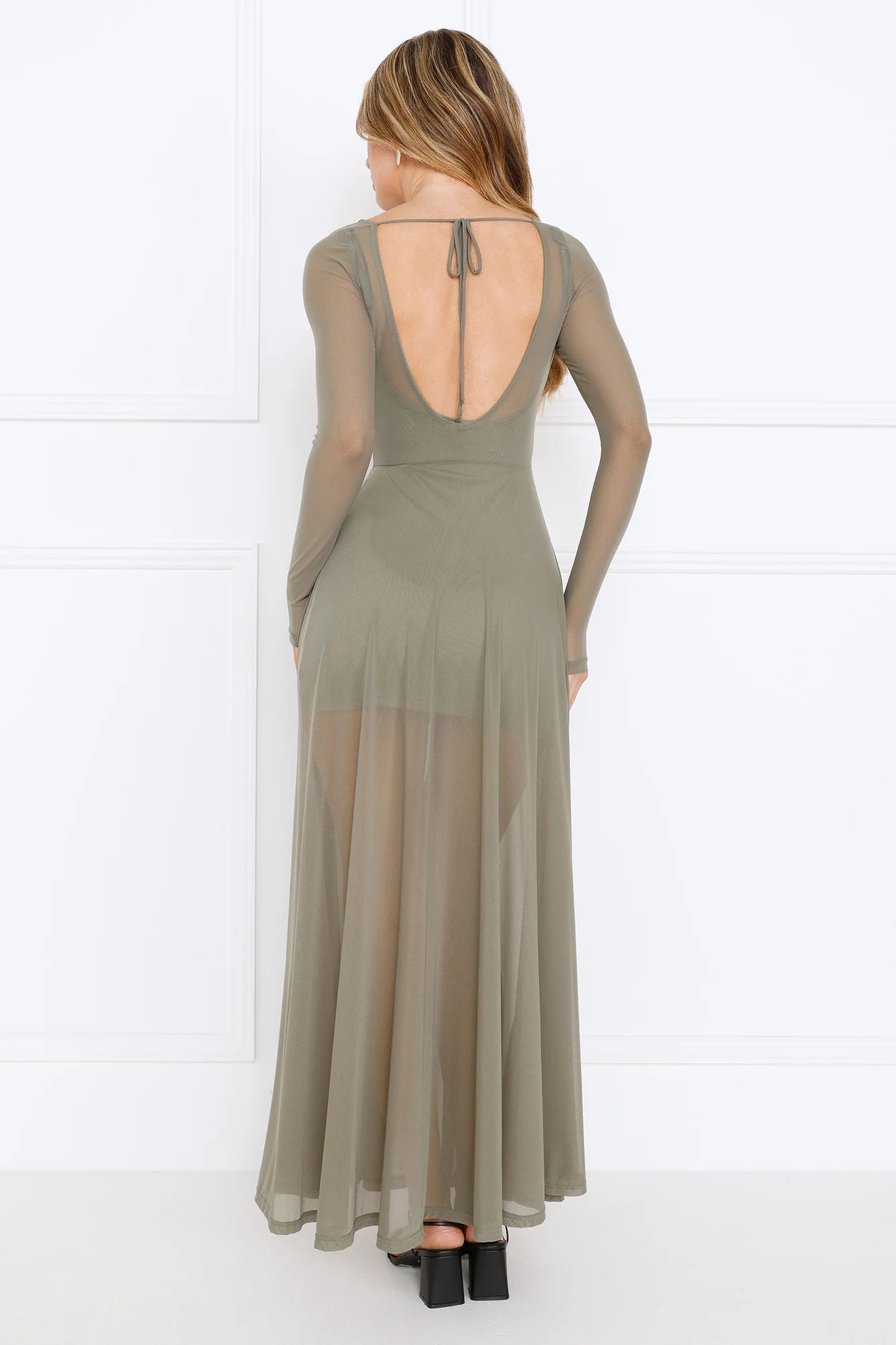 Champagne Streams Mesh Maxi Dress Olive