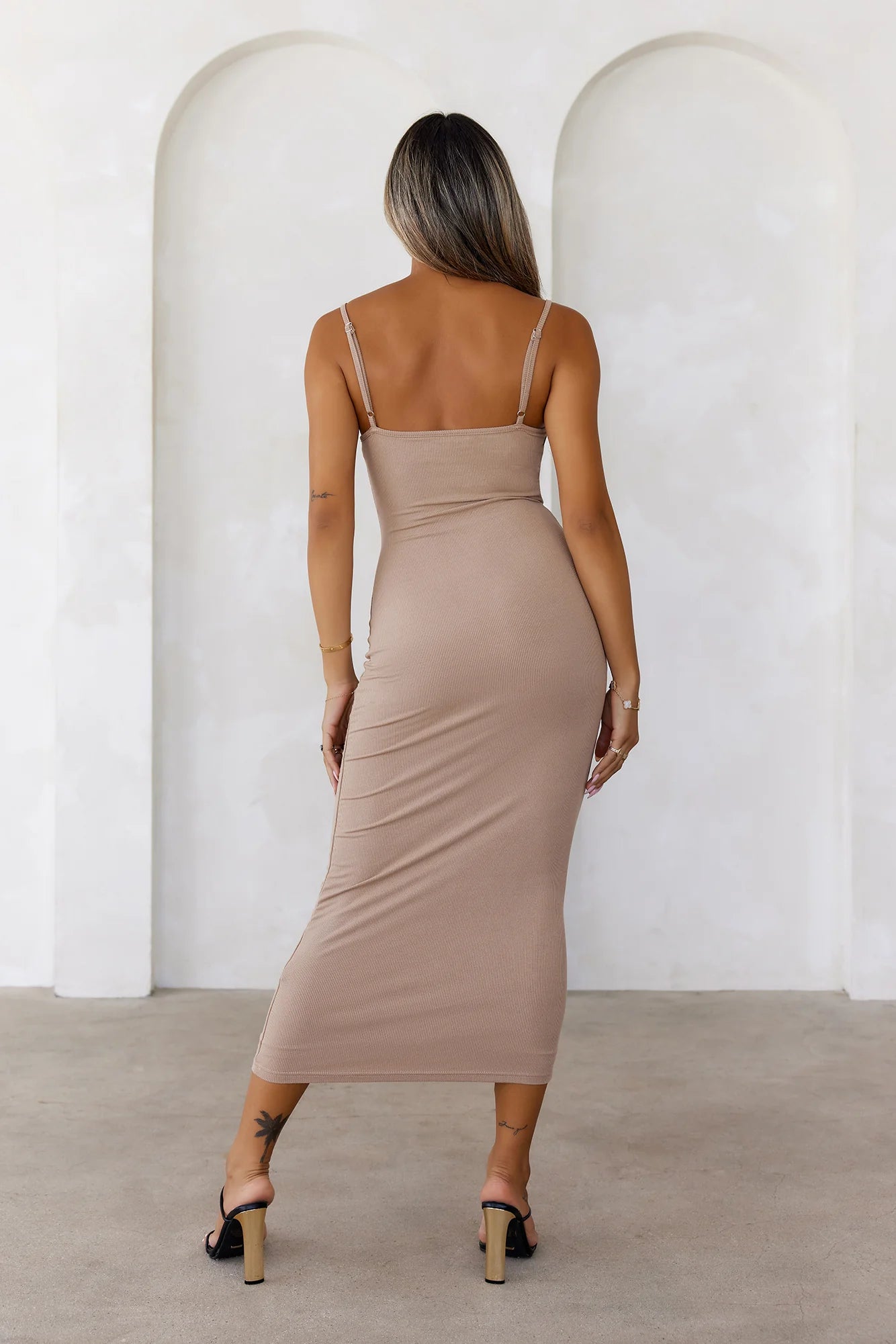 BASE The Smoothing Thin Strap Ribbed Midi Dress Latte