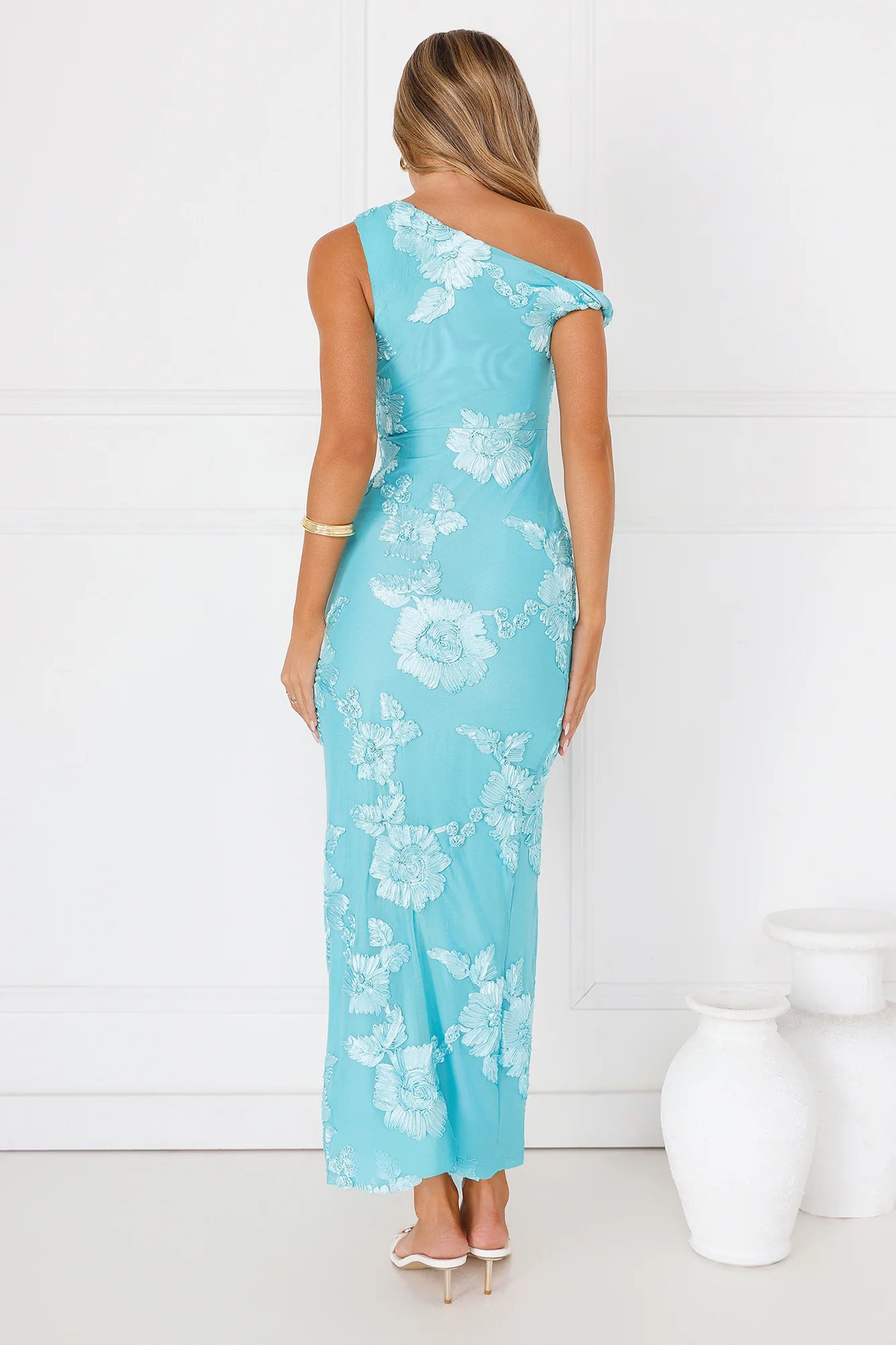 Billions Off Shoulder Mesh Maxi Dress Aqua