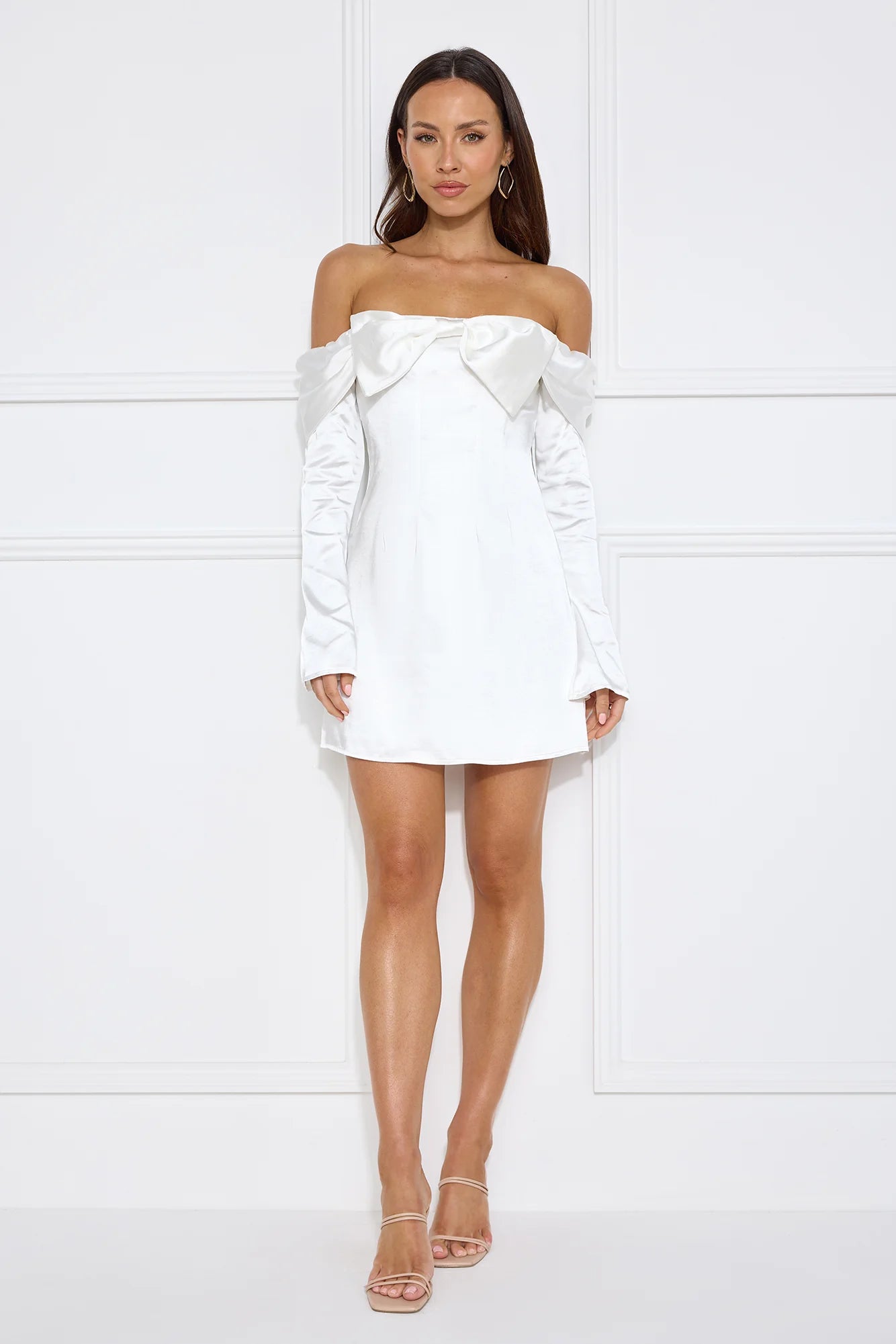 Delicacy Bow Satin Off Shoulder Mini Dress White