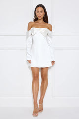 Delicacy Bow Satin Off Shoulder Mini Dress White