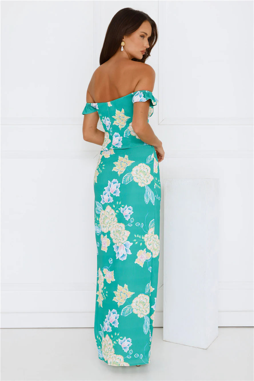 Citrus Wildflowers Off Shoulder Top Green