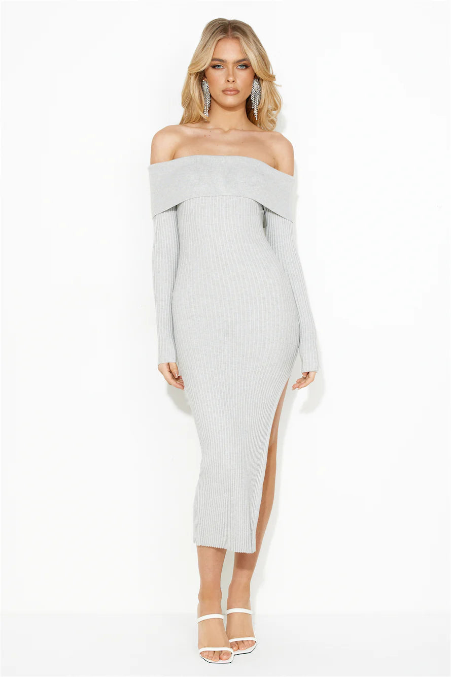 Winter Ice Ribbed Off Shoulder Midi Dress Grey