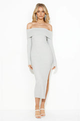 Winter Ice Ribbed Off Shoulder Midi Dress Grey