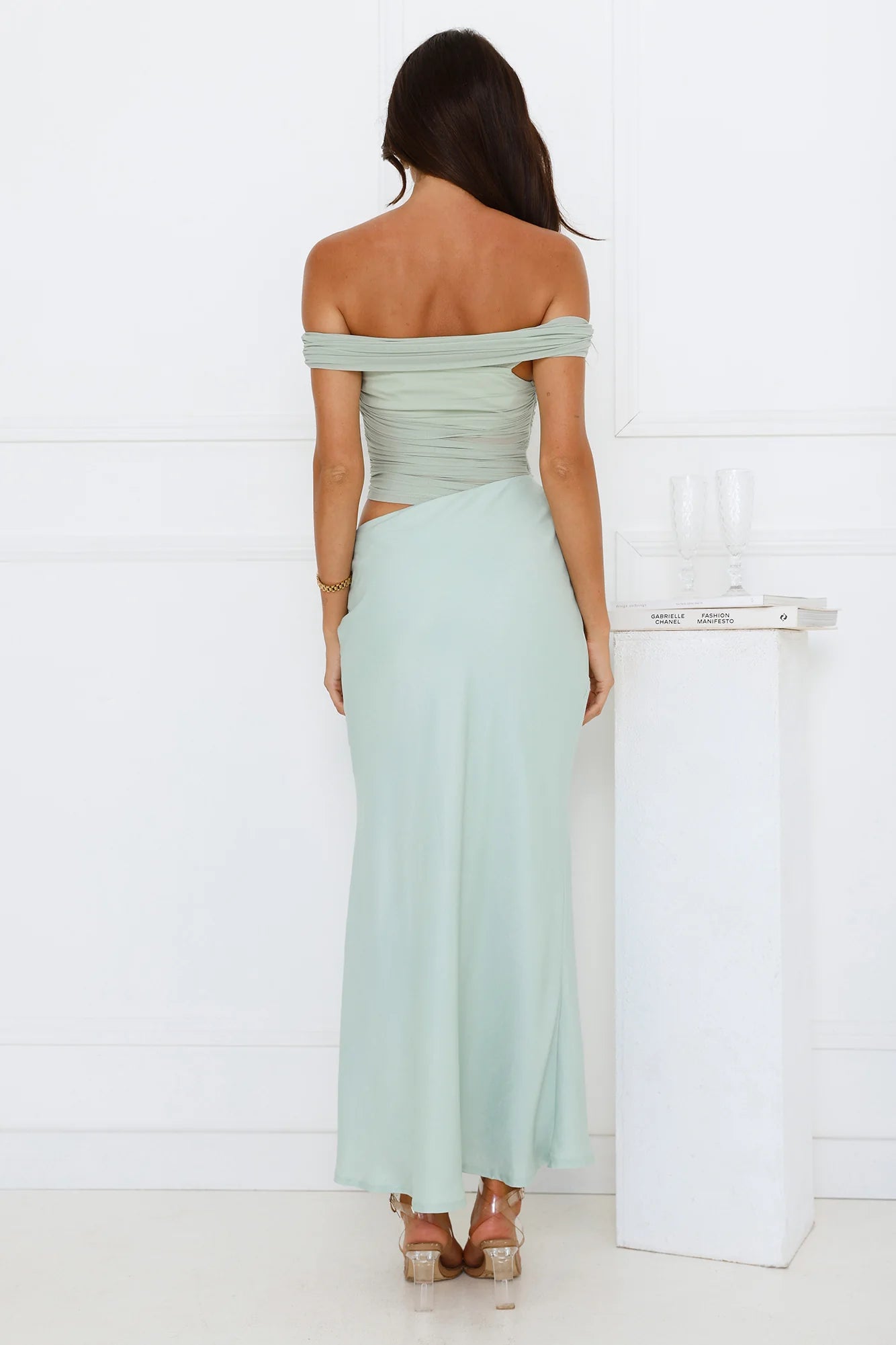 Velvet Sky Off Shoulder Mesh Maxi Dress Sage