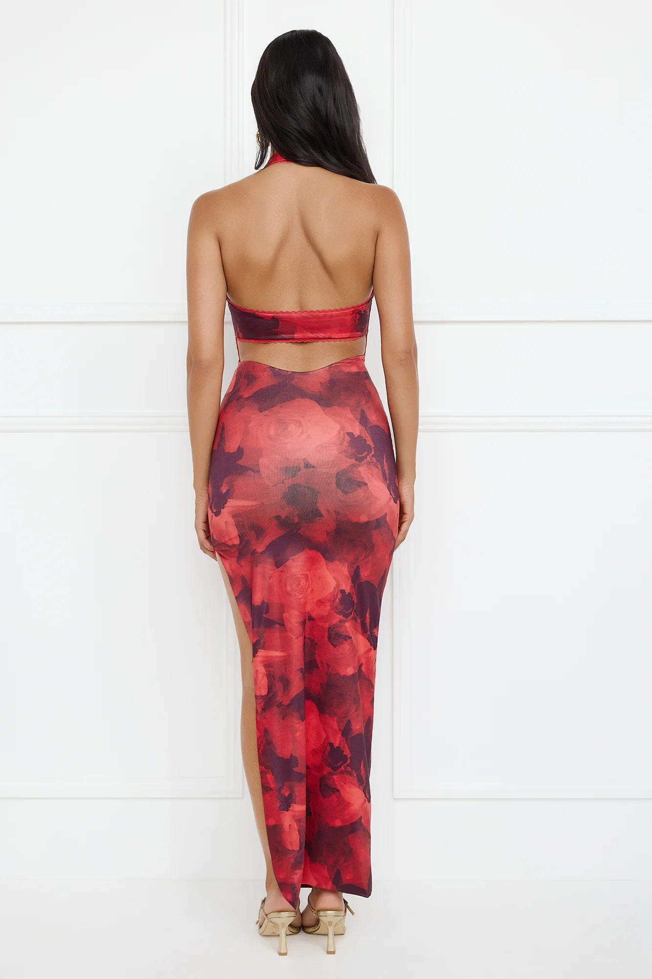 Watermelon Splash Halter Mesh Maxi Dress Red