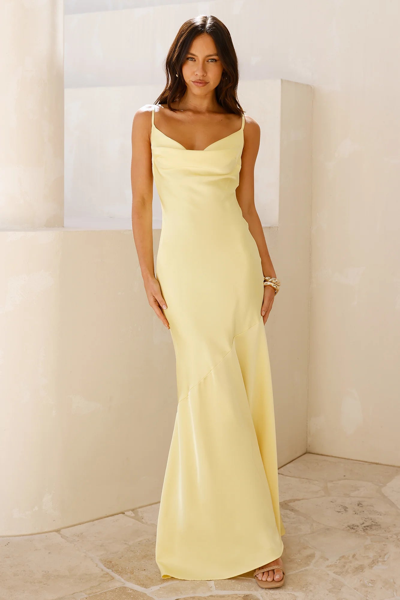 Brilliant Belle Satin Maxi Dress Yellow