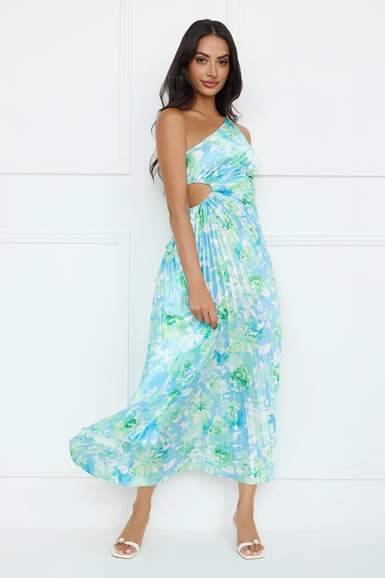 Emerald Ice One Shoulder Satin Pleated Maxi Dress Blue
