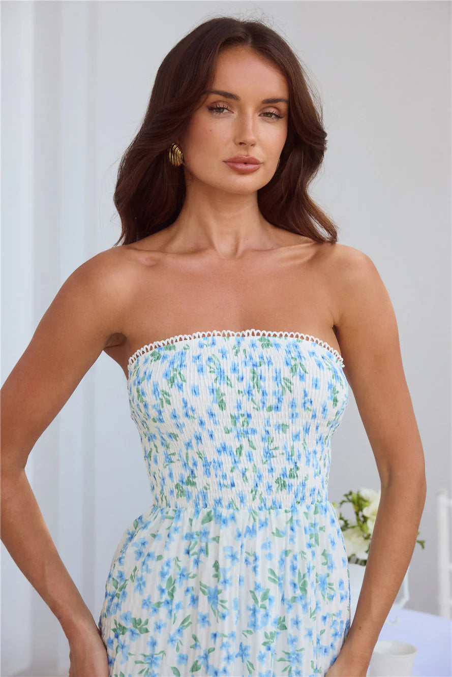 Under Palm Trees Strapless Midi Dress Blue