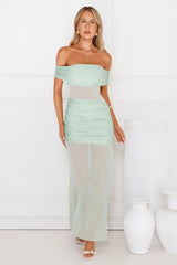 Dewdrop Dream Off Shoulder Mesh Maxi Dress Sage