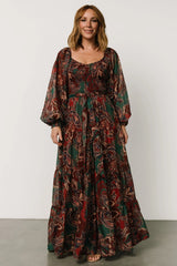 Livia Maxi Dress | Dark Green + Wine Multi