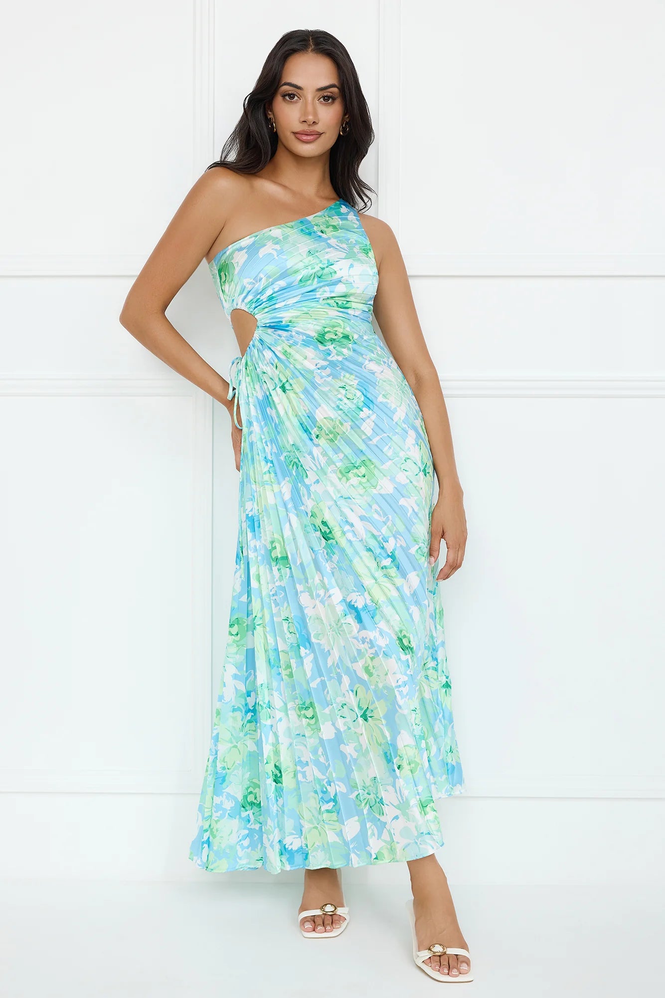 Emerald Ice One Shoulder Satin Pleated Maxi Dress Blue