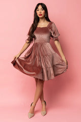 Bliss Smocked Velvet Short Dress | Vintage Rose