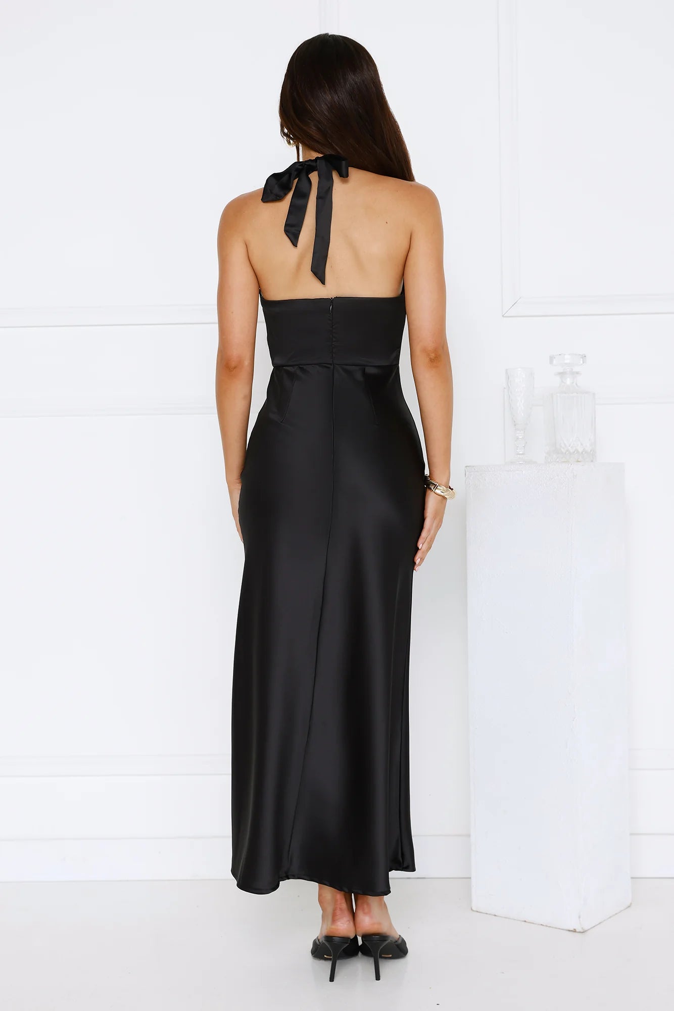 Essence of Style Halter Satin Maxi Dress Black
