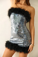 Enchantress Strapless Sequin Feather Mini Dress Black