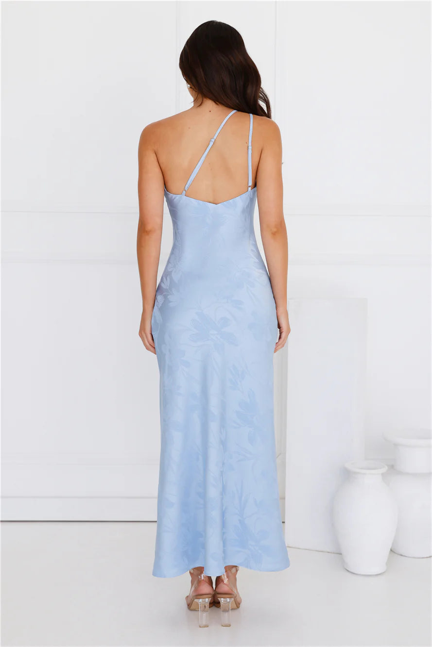 Exotic Bloom One Shoulder Satin Maxi Dress Blue