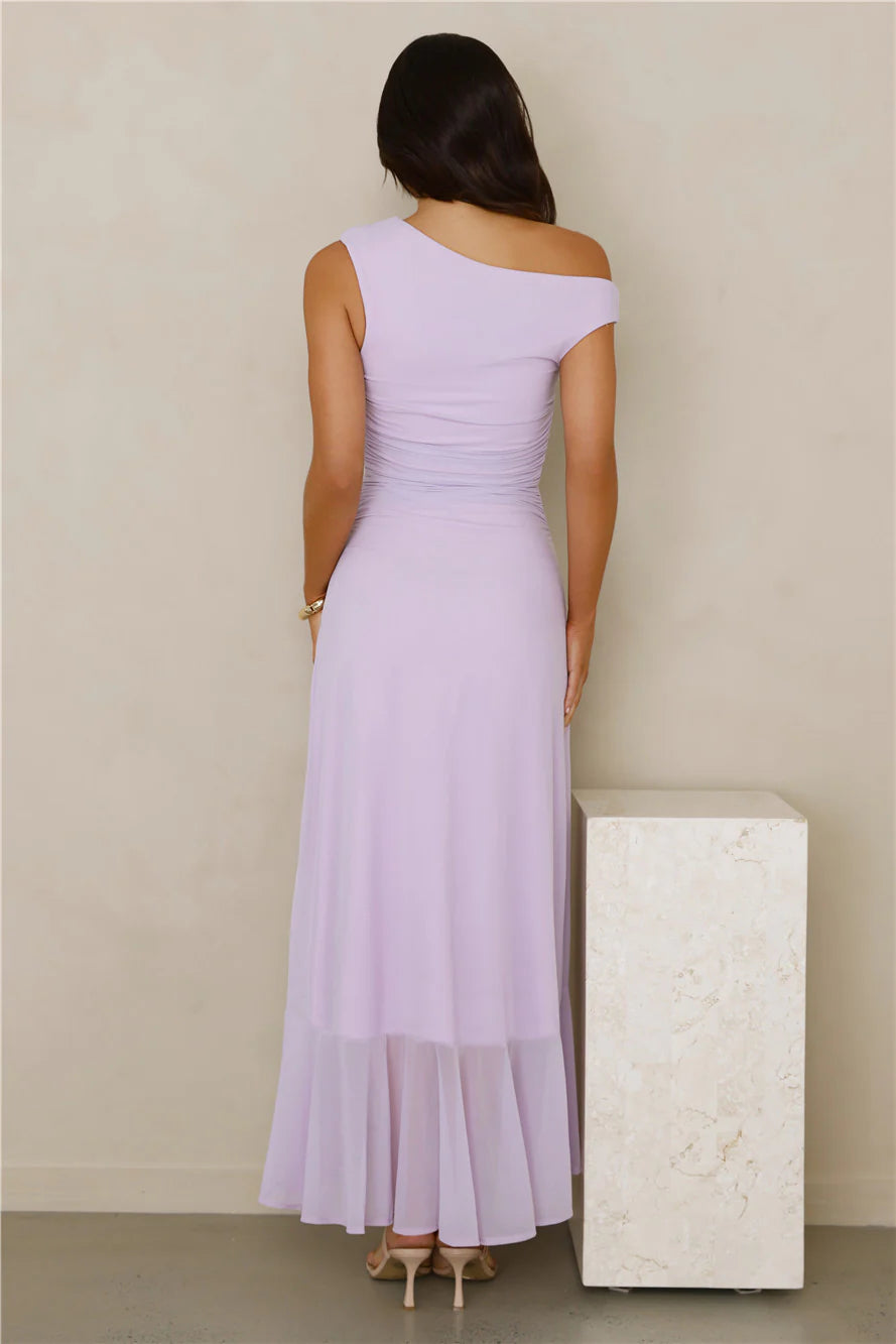 Effortless Story Off Shoulder Mesh Midi Dress Lilac