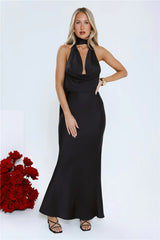 VIP Energy Satin Scarf Halter Maxi Dress Black