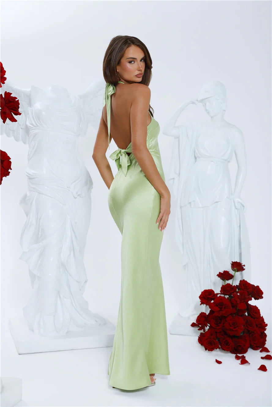 Clover Fields Satin Halter Maxi Dress Lime