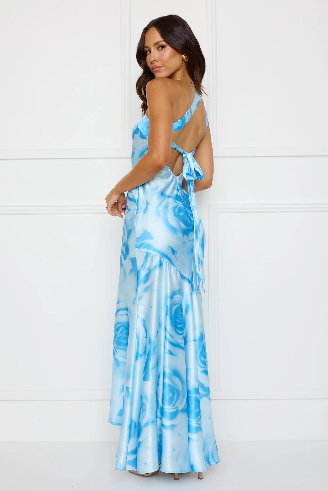 After Dark Allure One Shoulder Satin Maxi Dress Blue