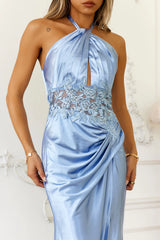 Frosted Glimmer Satin Halter Maxi Dress Blue