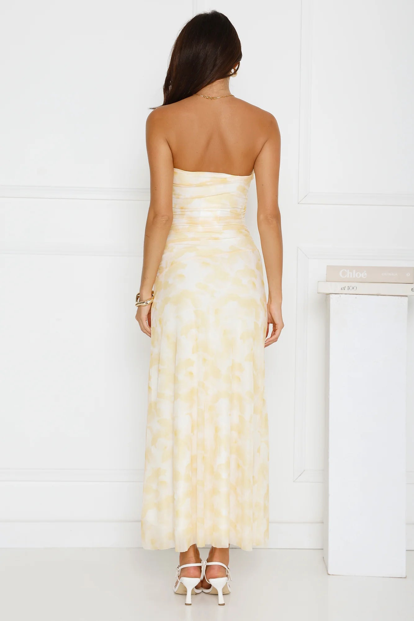 Gatsby Glow Strapless Mesh Maxi Dress Yellow
