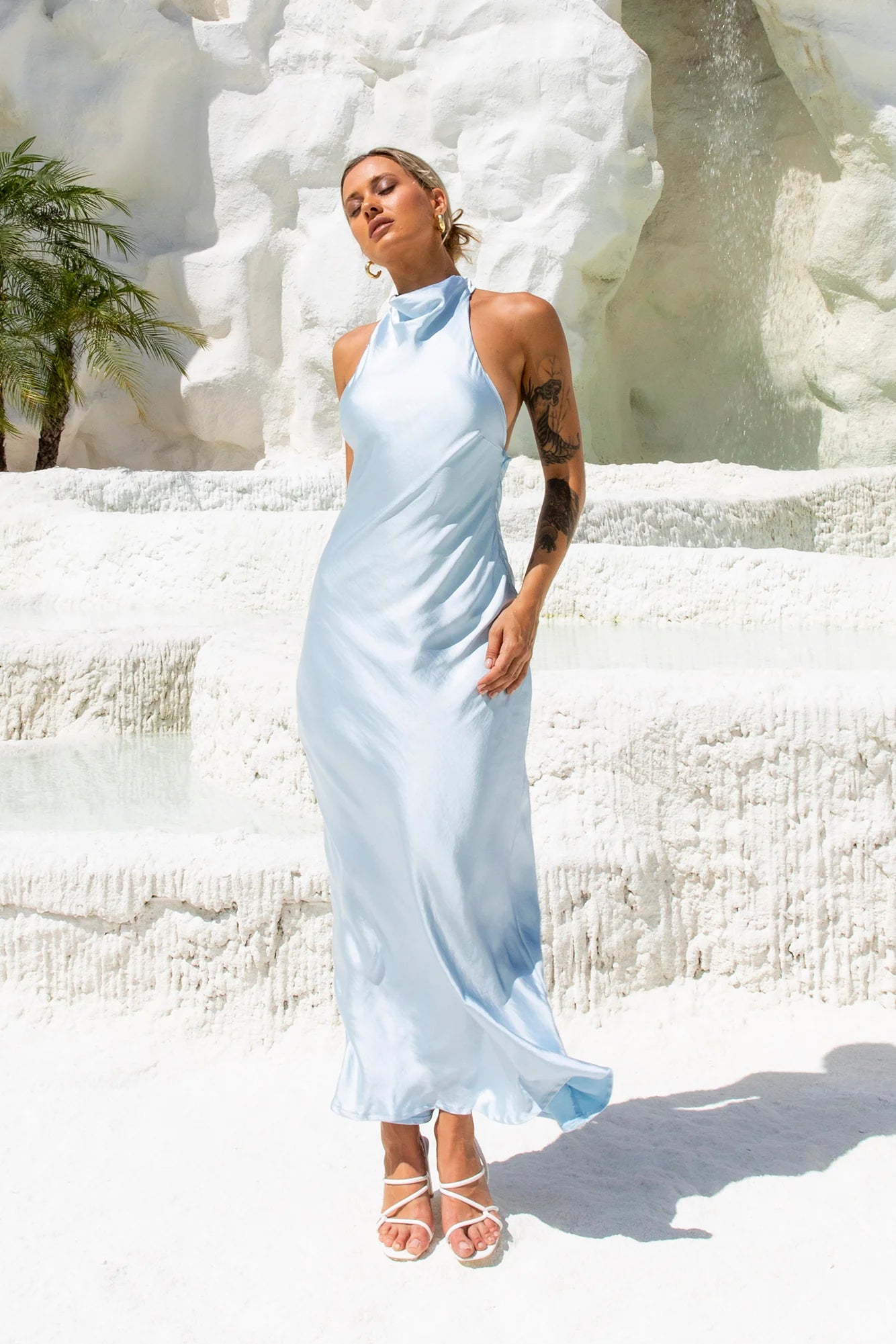 Enchanted Daybreak Halter Satin Maxi Dress Blue