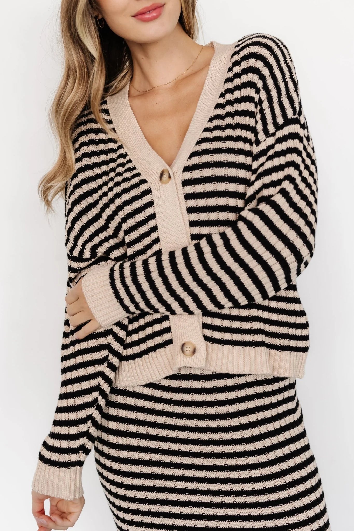 Justina Striped Knit Cardigan | Black + Cream