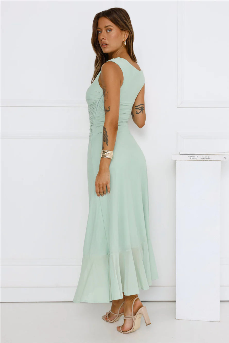 Effortless Girl Off Shoulder Mesh Midi Dress Sage
