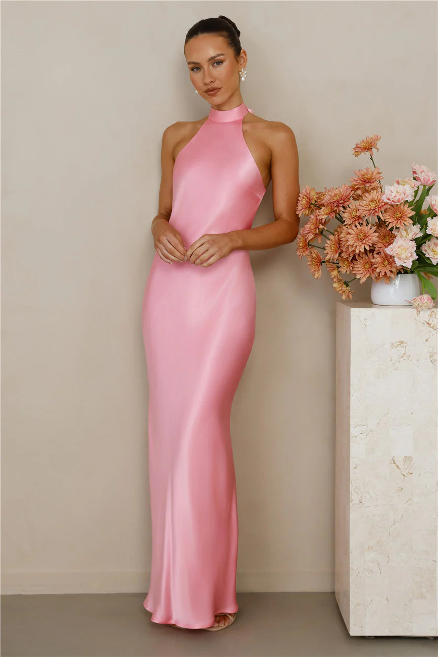 The Cleo Halter Satin Maxi Dress Candy