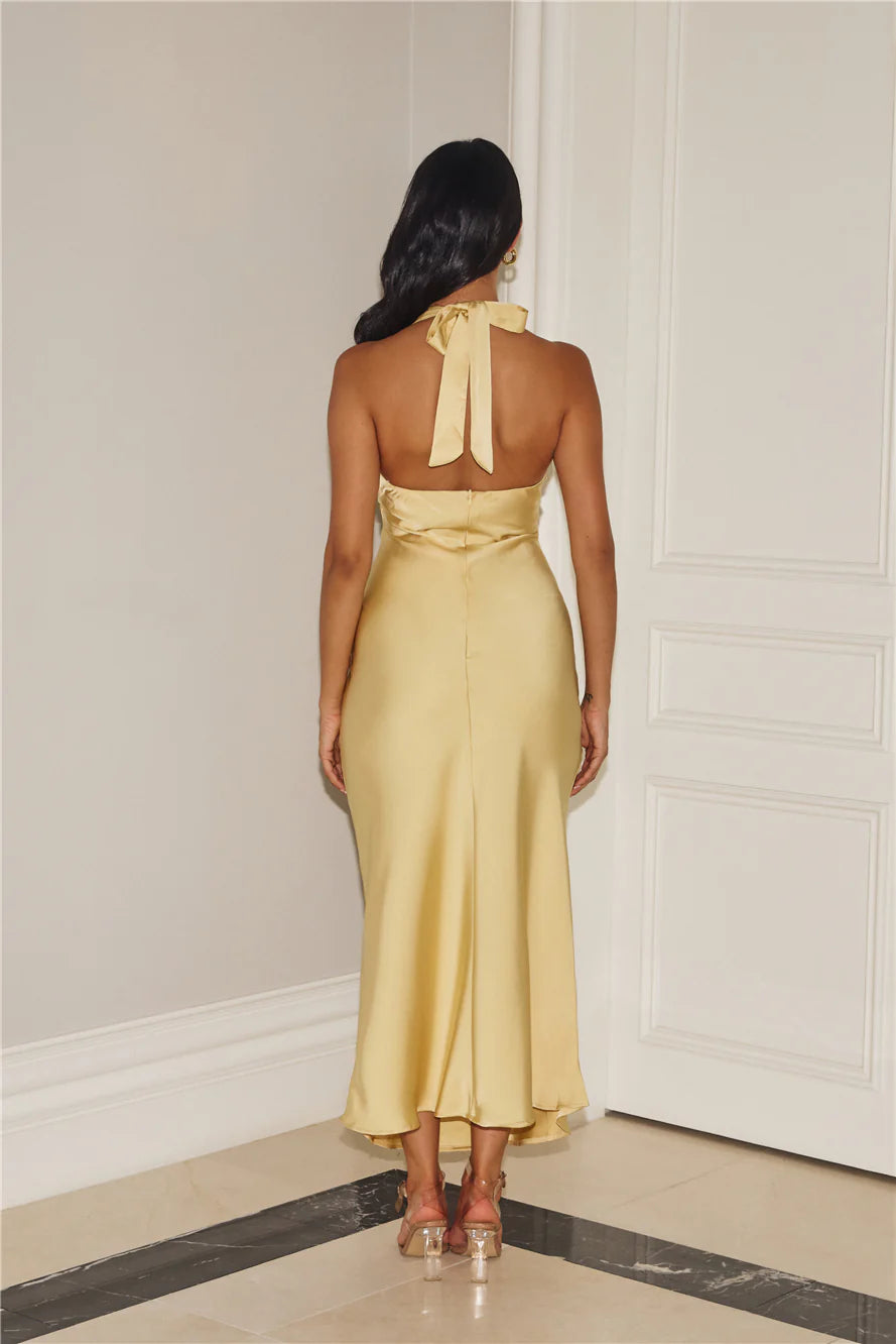 Gold Romance Halter Satin Maxi Dress Butter