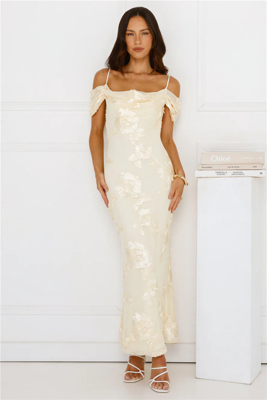 You’re Magic Off Shoulder Mesh Maxi Dress Yellow