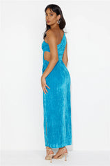 Universe Moons One Shoulder Velvet Maxi Dress Blue
