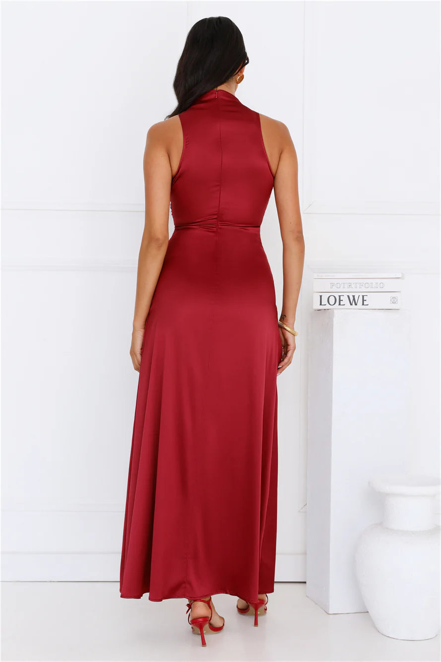 Diamond Cut Satin Maxi Dress Burgundy