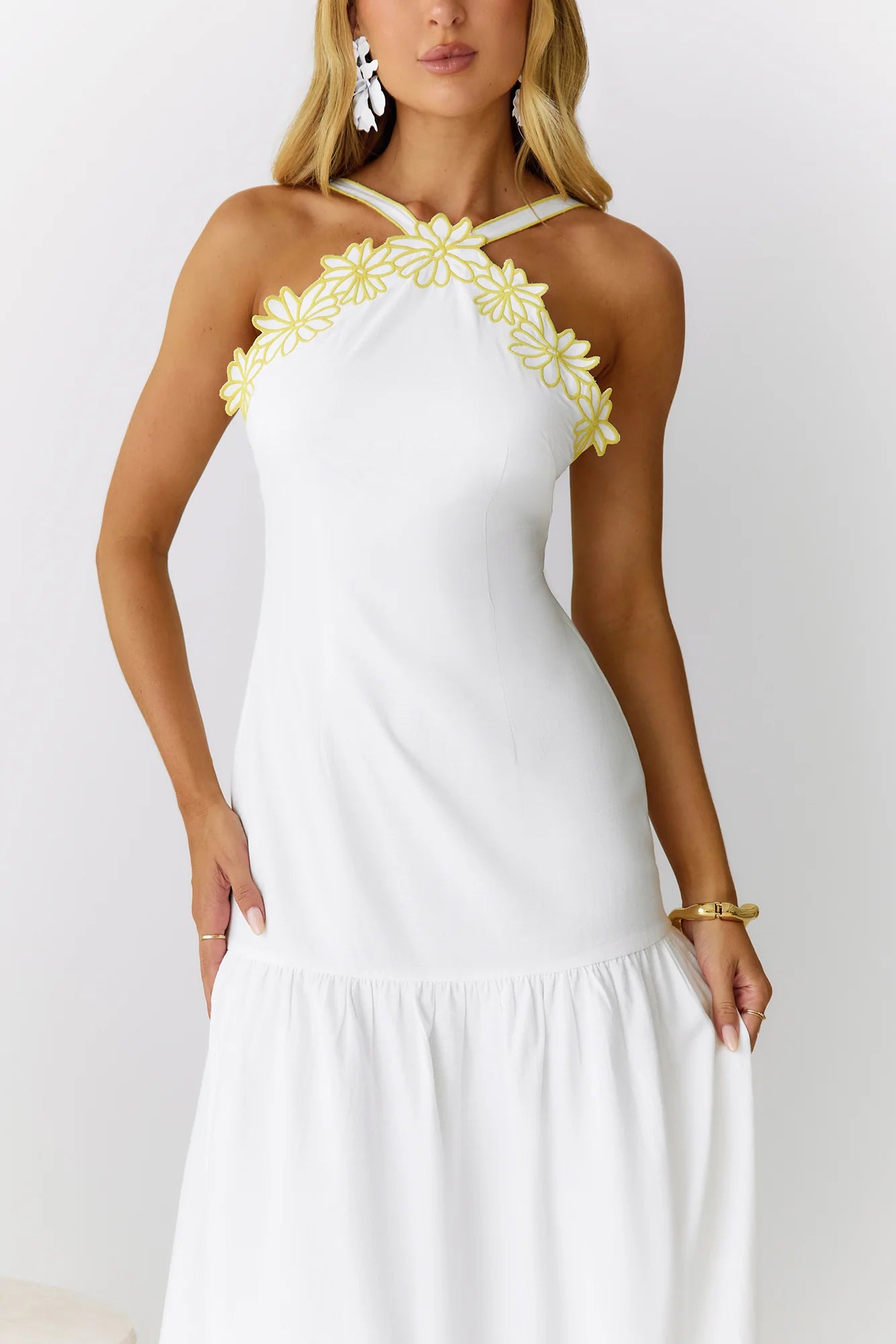 Golden Petals Midi Dress White
