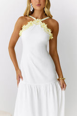 Golden Petals Midi Dress White