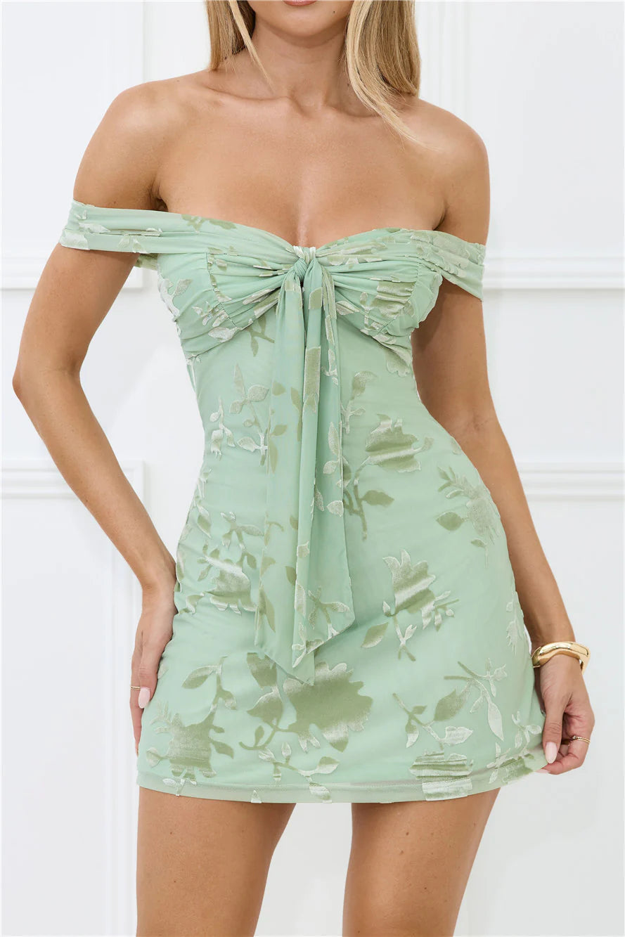 Fierce Dreams Off Shoulder Mesh Mini Dress Sage
