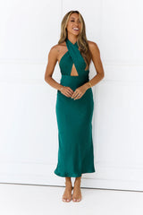 Twilight Glow Satin Halter Midi Dress Green