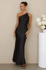 The Evangeline One Shoulder Satin Maxi Dress Black
