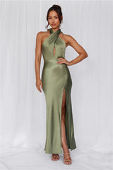 The Adeline Halter Satin Maxi Dress Olive