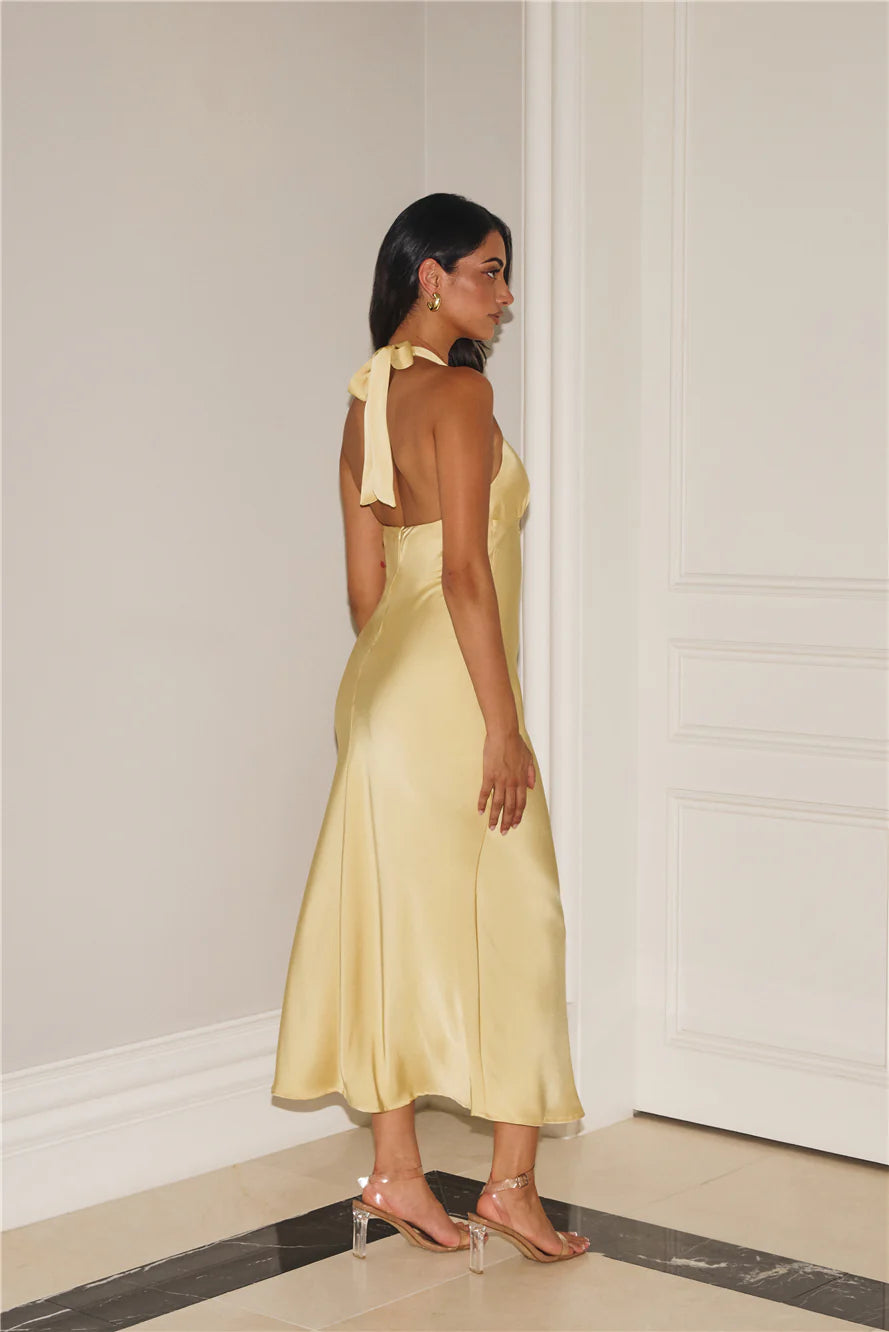 Gold Romance Halter Satin Maxi Dress Butter
