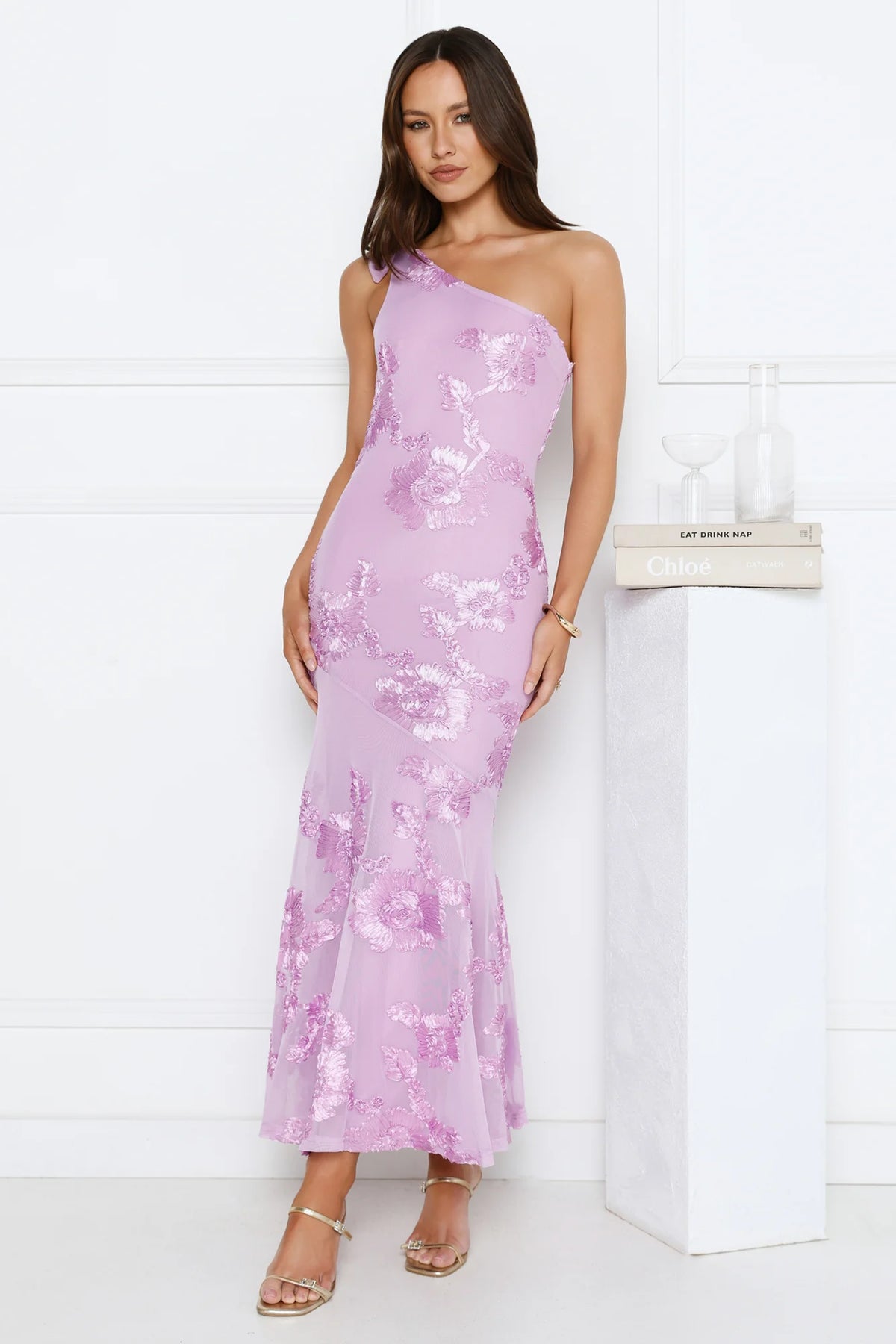 Glossy Girl One Shoulder Mesh Maxi Dress Lilac