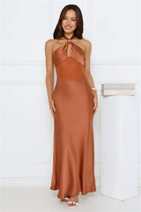 Formal Statement Halter Satin Maxi Dress Mocha